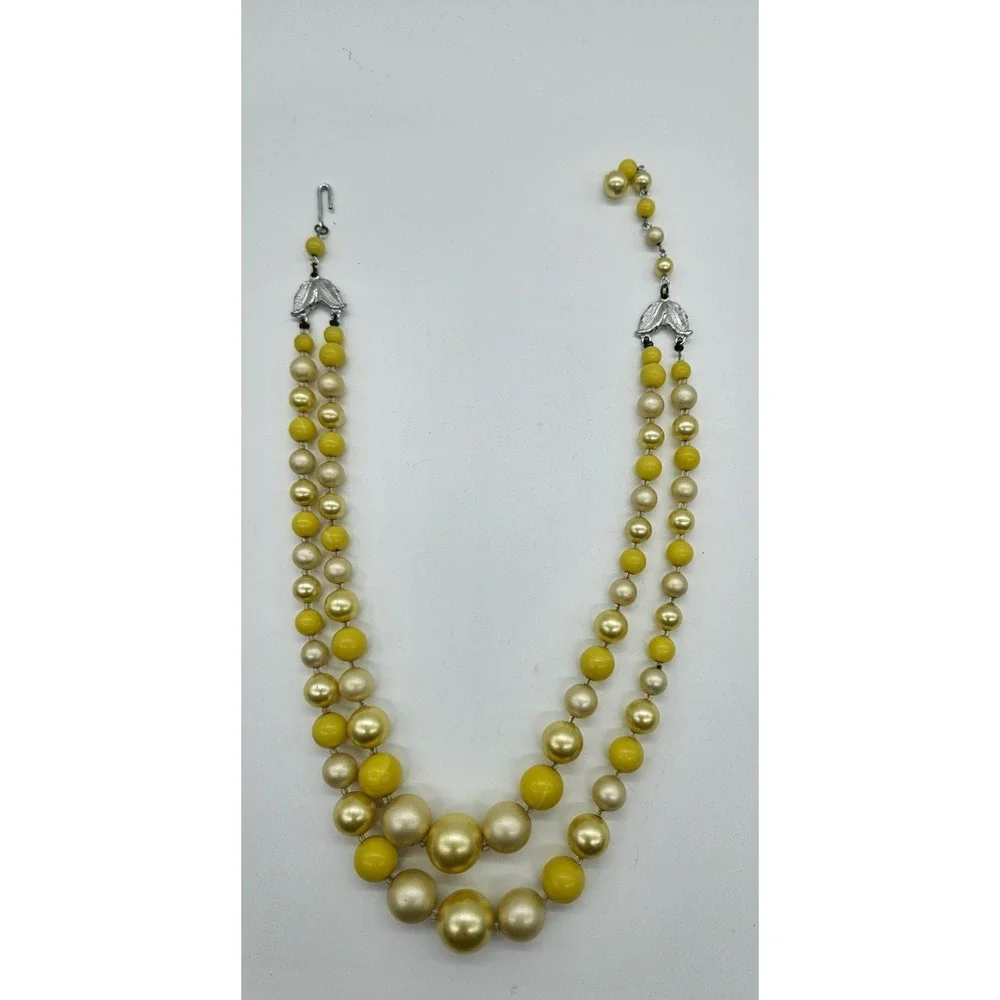 Vintage TWO Strand Necklace Signed‎ Japan Yellow Beads Hook Closure 17